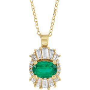 Ladies Natural Emerald Diamond Necklace (I1, G-H, Ghi) — 14K Yellow Gold