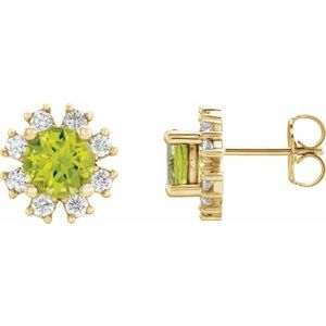 Ladies Natural Peridot Natural Diamond Earrings — 14K Yellow Gold