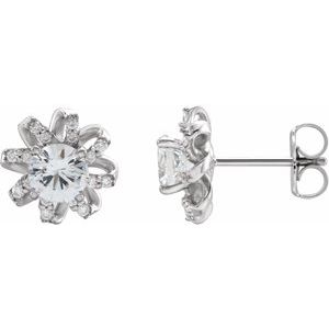 Ladies Natural White Sapphire Natural Diamond Halo-Style Earrings — Platinum