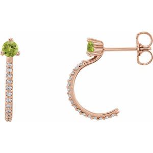 Ladies Natural Peridot Natural Diamond J-Hoop Earrings (I1, G-H) — 14K Rose Gold