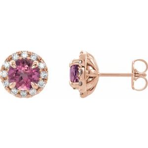 Ladies 4 mm Natural Pink Tourmaline Natural Diamond Halo-Style Earrings — 14K Rose Gold