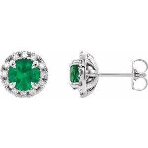 Ladies 4 mm Natural Emerald Natural Diamond Halo-Style Earrings — Sterling Silver