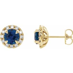 Ladies 4 mm Natural Blue Sapphire Natural Diamond Halo-Style Earrings — 14K Yellow Gold