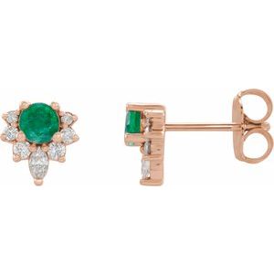 Ladies Natural Emerald Natural Diamond Earrings — 14K Rose Gold