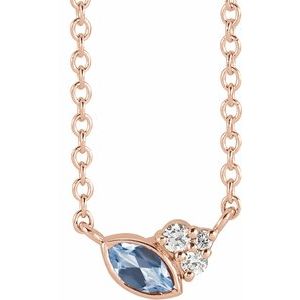 Ladies Natural Aquamarine Natural Diamond Necklace (I1, G-H) — 14K Rose Gold