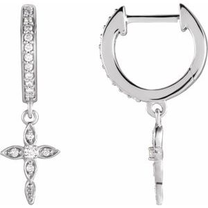 Ladies Natural Diamond Cross Hoop Earrings — 14K White Gold