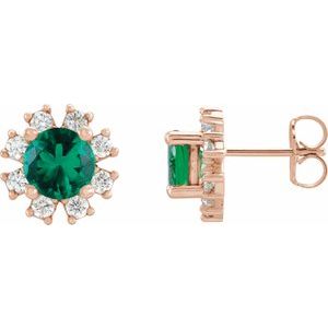 Ladies Natural Emerald Natural Diamond Earrings — 14K Rose Gold