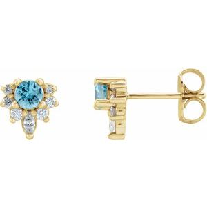 Ladies Natural Blue Zircon Natural Diamond Earrings — 14K Yellow Gold