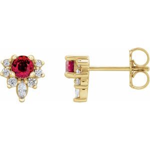 Ladies Natural Ruby Natural Diamond Earrings — 14K Yellow Gold