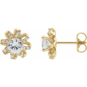 Ladies Natural White Sapphire Natural Diamond Halo-Style Earrings — 14K Yellow Gold