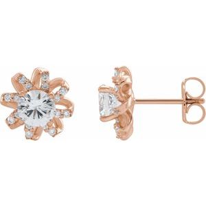 Ladies Natural White Sapphire Natural Diamond Halo-Style Earrings — 14K Rose Gold