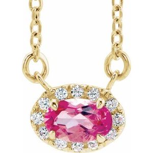 Ladies 5x3 mm Natural Pink Tourmaline Natural Diamond Necklace (I1, G-H) — 14K Yellow Gold