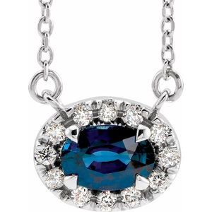 Ladies 5x3 mm Natural Blue Sapphire Natural Diamond Necklace (I1, G-H) — Sterling Silver