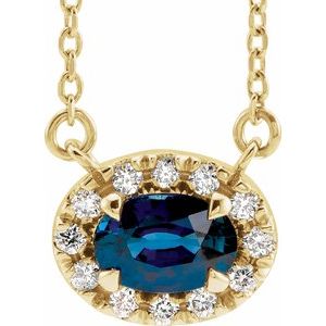 Ladies 5x3 mm Natural Blue Sapphire Natural Diamond Necklace (I1, G-H) — 14K Yellow Gold