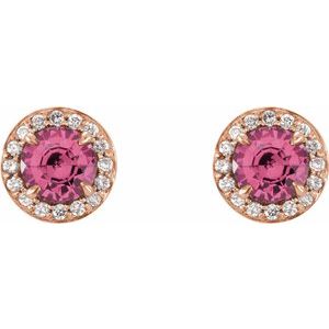 Ladies 5 mm Natural Pink Tourmaline Natural Diamond Earrings — 14K Rose Gold