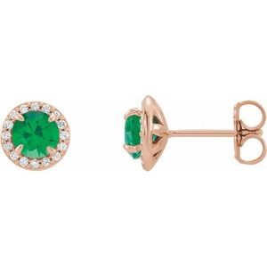 Ladies 5 mm Natural Emerald Natural Diamond Earrings — 14K Rose Gold