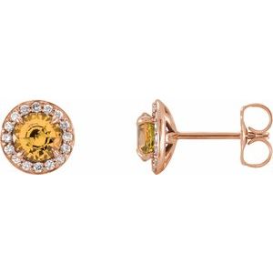 Ladies 5 mm Natural Citrine Natural Diamond Earrings — 14K Rose Gold