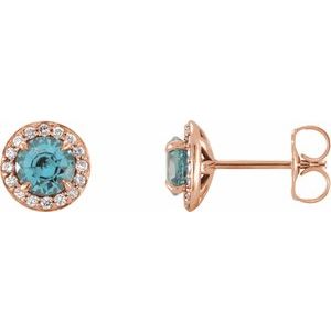 Ladies 5 mm Natural Blue Zircon Natural Diamond Earrings — 14K Rose Gold