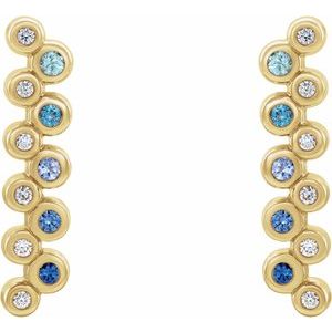 Ladies Natural Blue Multi-Gemstone Natural Diamond Bezel-Set Bar Earrings — 14K Yellow Gold