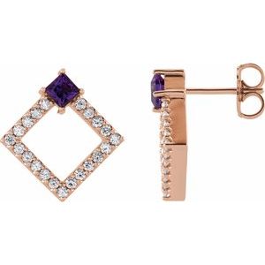 Ladies Natural Amethyst Natural Diamond Earrings — 14K Rose Gold