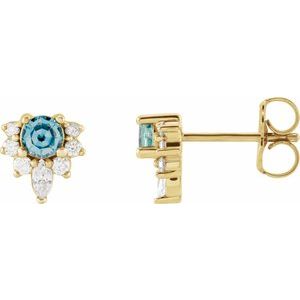 Ladies Natural Aquamarine Natural Diamond Earrings — 14K Yellow Gold