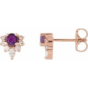 Ladies Natural Amethyst Natural Diamond Earrings — 14K Rose Gold