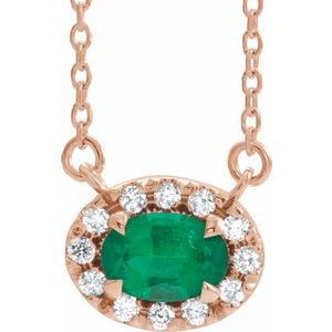 Ladies 5x3 mm Natural Emerald Natural Diamond Necklace (I1, G-H) — 14K Rose Gold