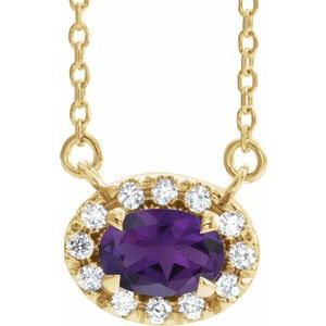 Ladies 5x3 mm Natural Amethyst Natural Diamond Necklace (I1, G-H) — 14K Yellow Gold