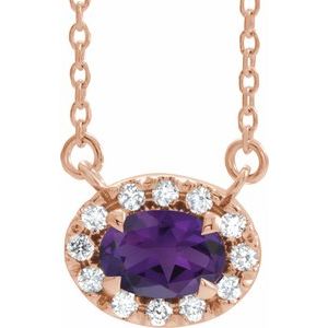 Ladies 5x3 mm Natural Amethyst Natural Diamond Necklace (I1, G-H) — 14K Rose Gold