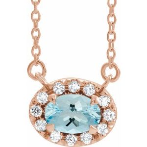 Ladies 5x3 mm Natural Aquamarine Natural Diamond Necklace (I1, G-H) — 14K Rose Gold