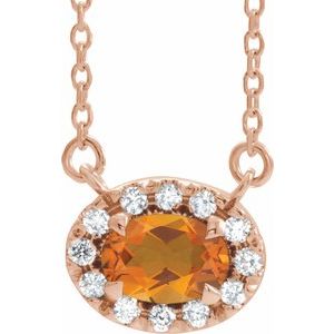 Ladies 5x3 mm Natural Citrine Natural Diamond Necklace (I1, G-H) — 14K Rose Gold