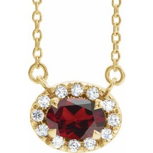 Ladies 5x3 mm Natural Mozambique Garnet Natural Diamond Necklace (I1, G-H) — 14K Yellow Gold