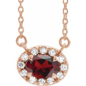 Ladies 5x3 mm Natural Mozambique Garnet Natural Diamond Necklace (I1, G-H) — 14K Rose Gold