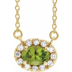 Ladies 5x3 mm Natural Peridot Natural Diamond Necklace (I1, G-H) — 14K Yellow Gold
