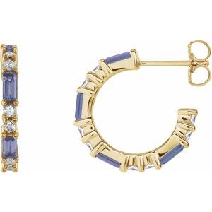 Ladies Natural Tanzanite Natural Diamond 17.2 mm Hoop Earrings (I1, G-H) — 14K Yellow Gold