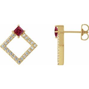 Ladies Natural Ruby Natural Diamond Earrings — 14K Yellow Gold