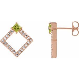 Ladies Natural Peridot Natural Diamond Earrings — 14K Rose Gold