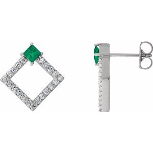 Ladies Natural Emerald Natural Diamond Earrings — Sterling Silver