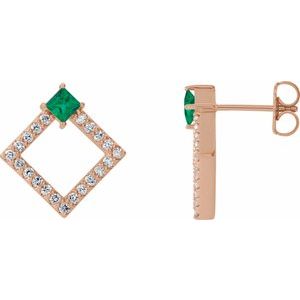 Ladies Natural Emerald Natural Diamond Earrings — 14K Rose Gold