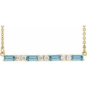 Ladies Natural Aquamarine Natural Diamond Bar Necklace (I1, G-H) — 14K Yellow Gold
