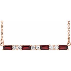 Ladies Natural Mozambique Garnet Natural Diamond Bar Necklace (I1, G-H) — 14K Rose Gold