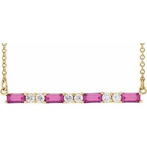 Ladies Natural Pink Tourmaline Natural Diamond Bar Necklace (I1, G-H) — 14K Yellow Gold