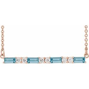 Ladies Natural Aquamarine Natural Diamond Bar Necklace (I1, G-H) — 14K Rose Gold