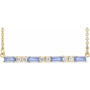 Ladies Natural Tanzanite Natural Diamond Bar Necklace (I1, G-H) — 14K Yellow Gold