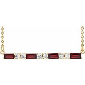 Ladies Natural Mozambique Garnet Natural Diamond Bar Necklace (I1, G-H) — 14K Yellow Gold