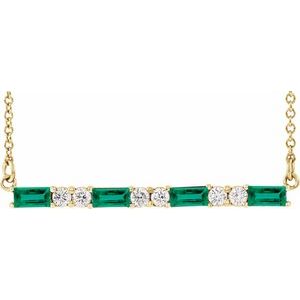 Ladies Natural Emerald Natural Diamond Bar Necklace (I1, G-H) — 14K Yellow Gold