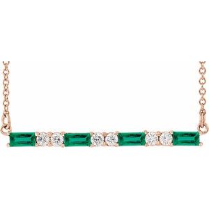 Ladies Natural Emerald Natural Diamond Bar Necklace (I1, G-H) — 14K Rose Gold