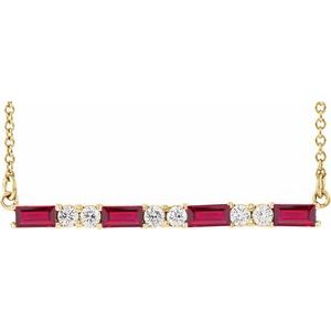 Ladies Natural Ruby Natural Diamond Bar Necklace (I1, G-H) — 14K Yellow Gold