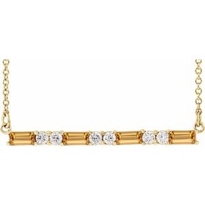 Ladies Natural Citrine Natural Diamond Bar Necklace (I1, G-H) — 14K Yellow Gold