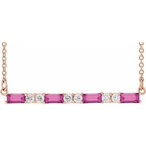 Ladies Natural Pink Tourmaline Natural Diamond Bar Necklace (I1, G-H) — 14K Rose Gold